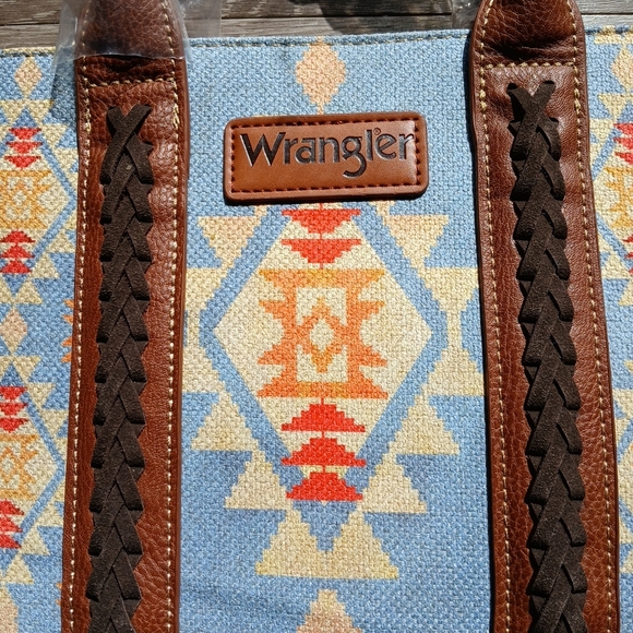 Wrangler Light Blue & Tan Navajo Canvas Tote Purse Handbag Southwestern NEW - Picture 3 of 5